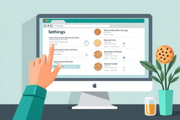 Illustration of a hand interacting with digital cookie settings on a computer screen.