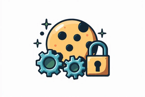 Illustration of a browser cookie icon with gears and lock, representing data privacy and functionality.