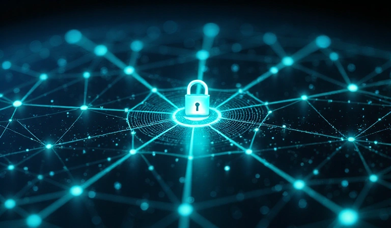 Abstract network security illustration with glowing lines and a padlock, protecting data