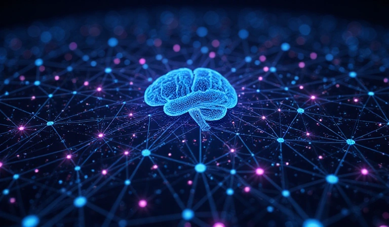 Abstract visualization of data processing and analysis, with interconnected nodes and lines