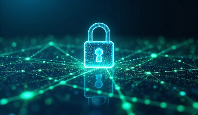 Cybersecurity lock with digital data flowing around it, symbolizing secure data collection