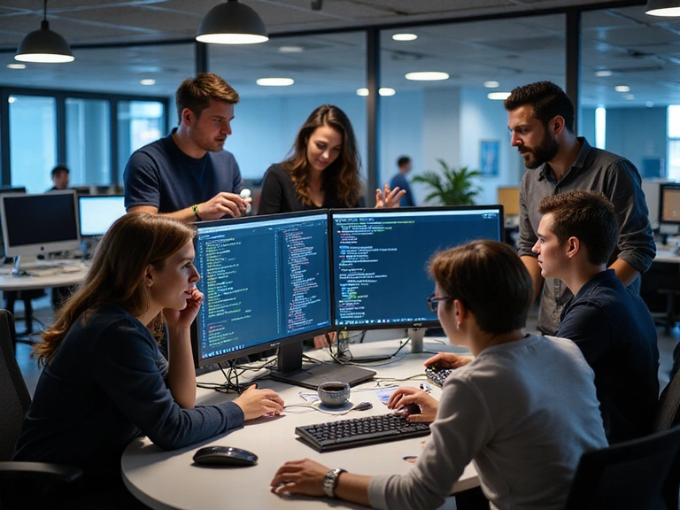 A team of diverse software developers collaboratively working on a project, with code on screens and a strong sense of teamwork. The image should convey professionalism, innovation, and collaboration in a modern office setting.